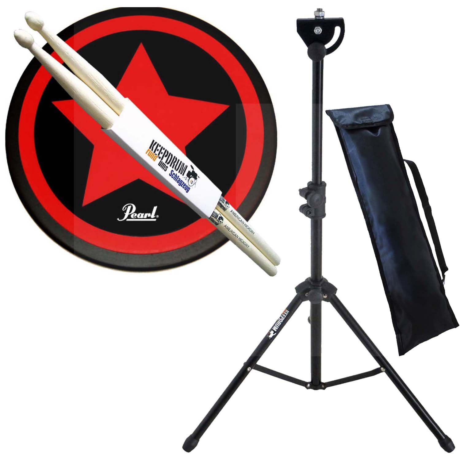 Pearl PDR-08SP Red Star Practice Drum Pad da 8" + treppiede Keepdrum DPS Drumpad + bacchette per batteria 1 coppia