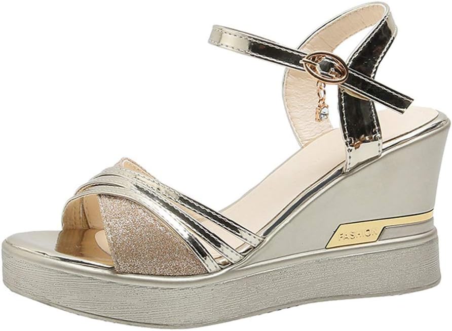 SXFJF Wedges Platform Women Sandals Fashion Quality Comfortable Women Sandals High Heel Gold Black Beach Party Shoes,Gold,40