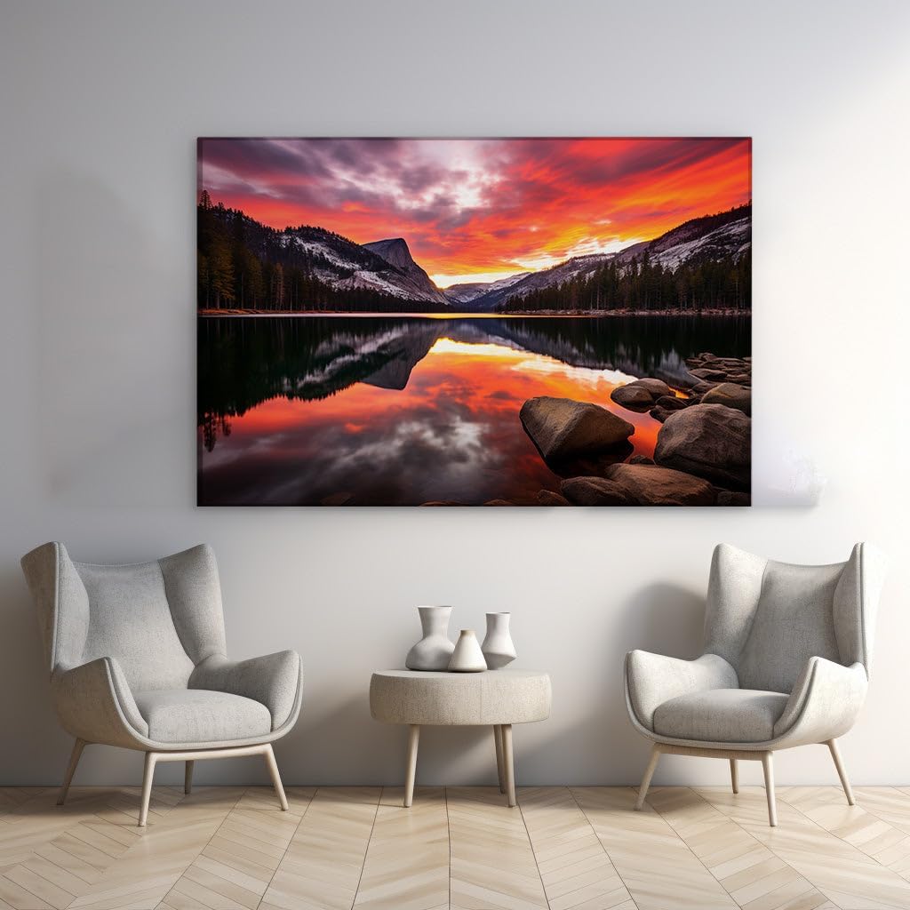 Canvas for Living room. Sunset Serenity: A Vivid Tapestry of Colors Over a Mountain Lake Oasis, 27 x 18 inch Canvas Wall Art - Contemporary Masterpieces - Modern Home Decor