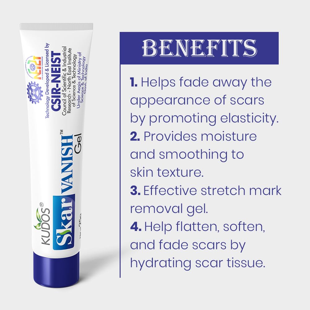 Kudos Skar Vanish Gel 25 g – Advanced Scar Removal Gel for Acne Scars, Dark Spots, Stretch Marks, Cuts & Burn Marks | Fast Skin Repair & Brightening Formula 1