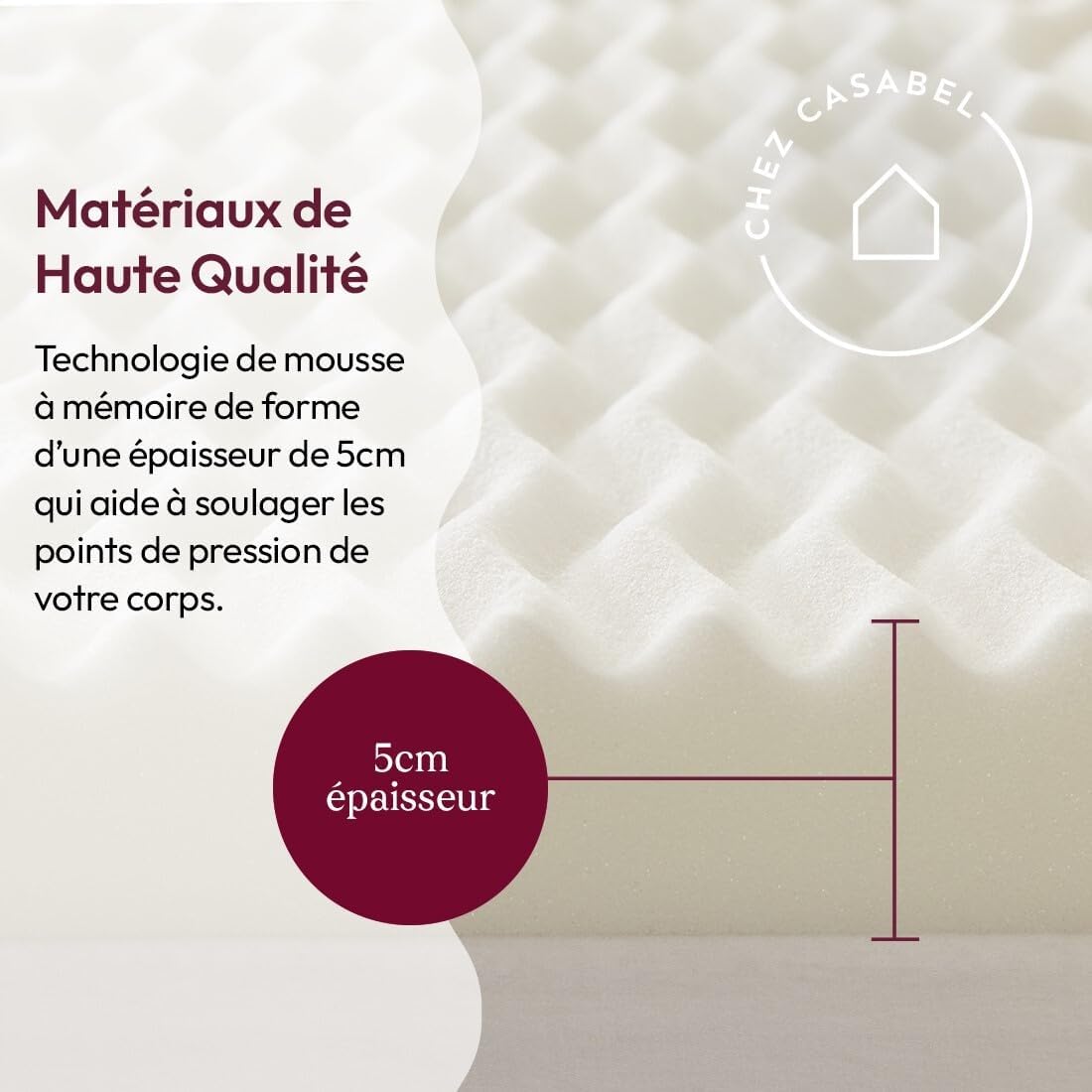 CASABEL Surmatelas 140 x 190 cm Mousse à Memoire de Forme 5 cm Haute Densité, SurMatelas Double, Zones Ergonomiques de Soutien, pour Matelas, Clic Clac, BZ