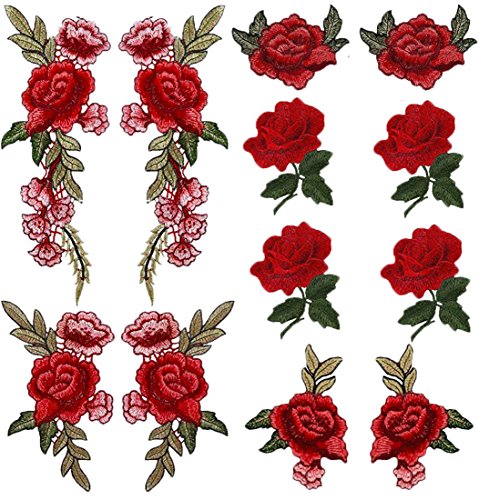 Comfun 12 Pack Sew On Red Rose Flower Patch Badge Embroidered Floral Applique Decorative Patches