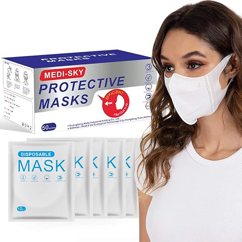 Mascarilla desechable 3D para adultos, correas elásticas de tela transpirable, paquete individual, 50 unidades, color blanco