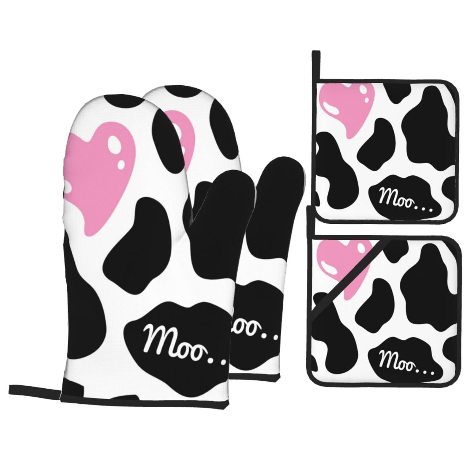 Black White Milk Cow Print Stylish Heat-Resistant Oven 4-Piece Set Kitchen Gloves Roasting Daily Cooking