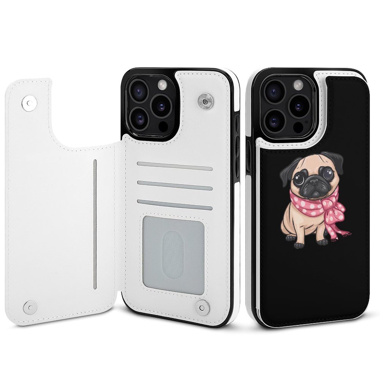 Cute Pug Wallet Phone Case Compatible for iPhone 15 Pro Max Flip Mobile Phone Case with Card Holder