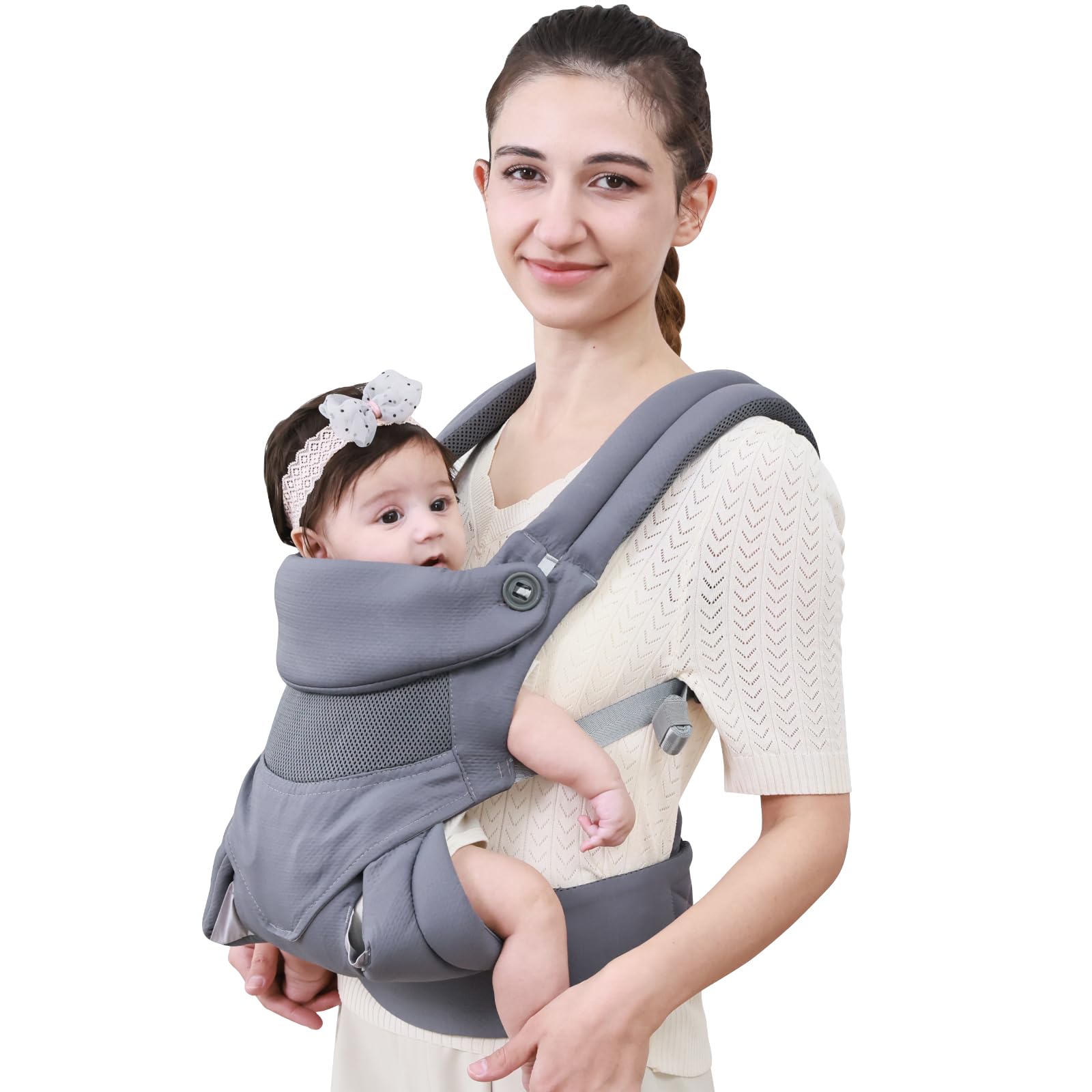 vrbabies Babytrage für Neugeborene ab Geburt, Weich Atmungsaktiv Babytrage mit verstellbarem Hüftgurt Schulterriemen und Kapuze, Schwarz Baby Trage Vorne und Hinten Tragen für Babys 4-16kg