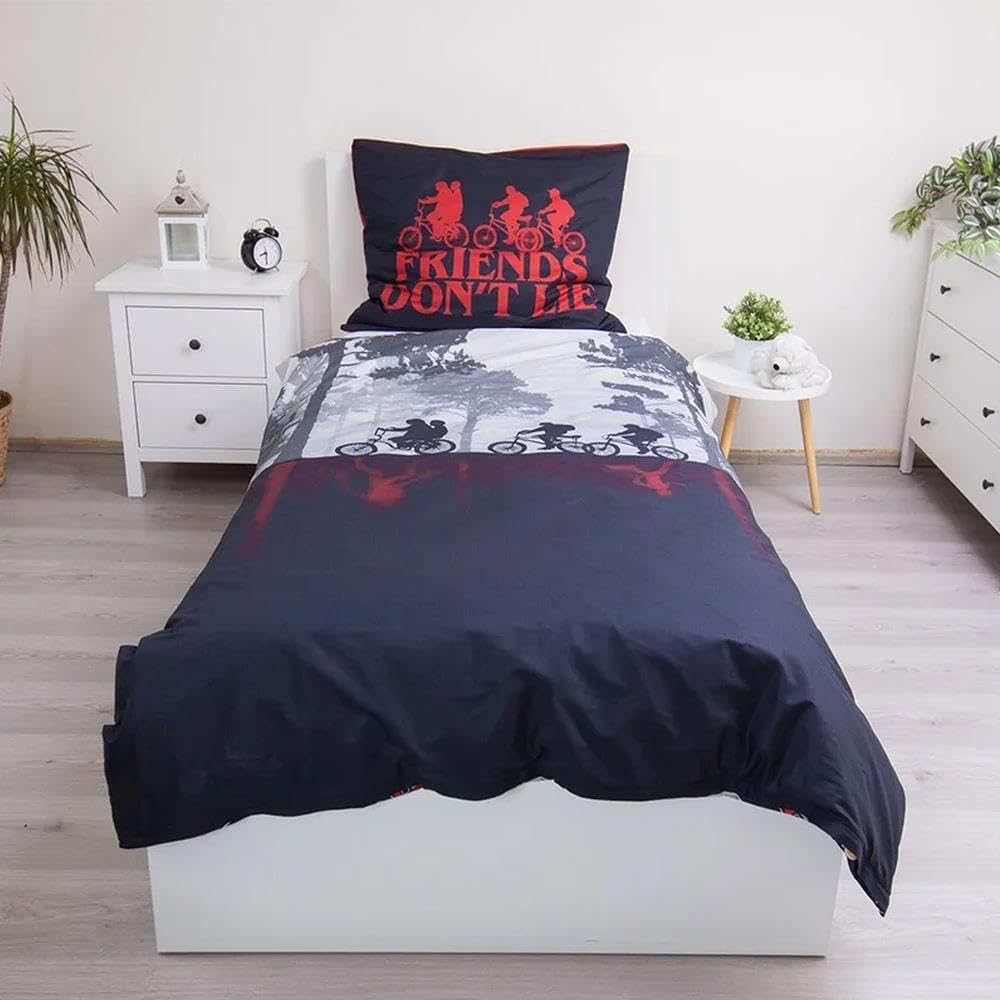 Jerry Fabrics Stranger Things - Juego de funda nórdica individual y funda de almohada con diseño de cabeza boca abajo, tamaño europeo para niños, adolescentes, fans en colores negro y rojo