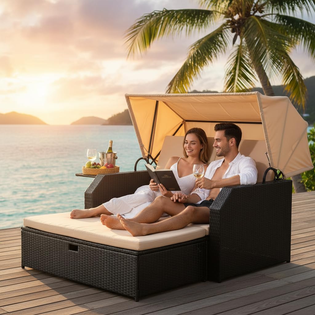 Melko Sonnenbett/Strandkorb/Lounge aus Polyrattan, Schwarz, inkl. klappbaren Seitentisch +verstellerbarer Rückenlehne + Faltbare Sonnenschutzdach