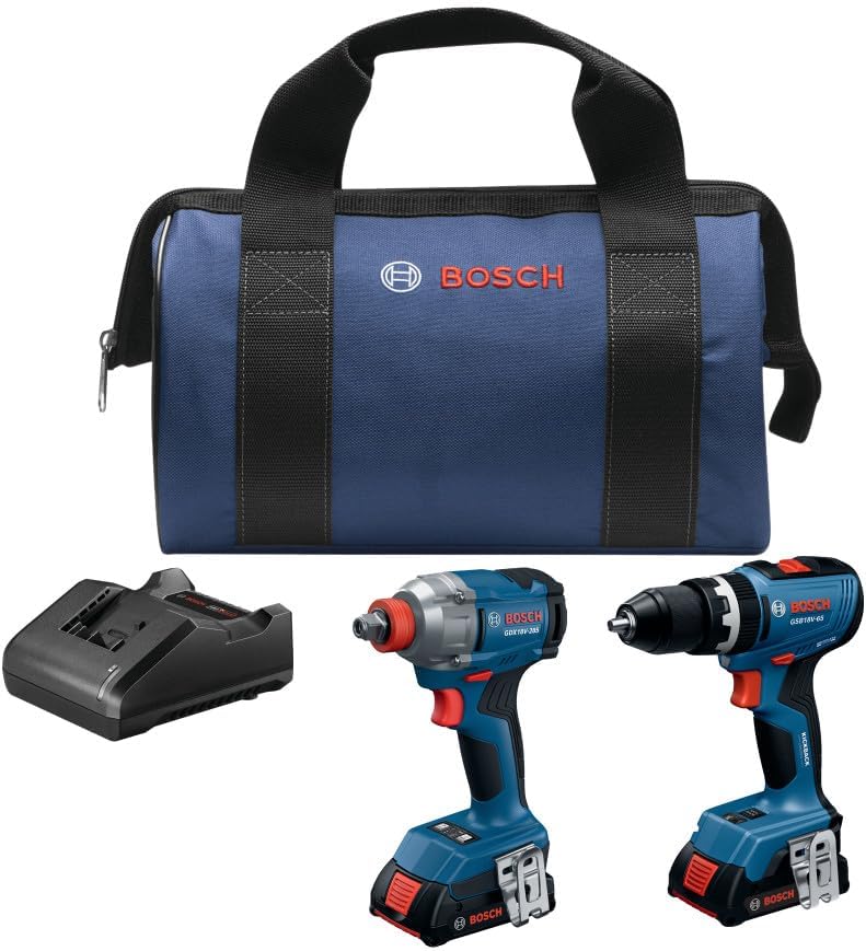 BOSCH GXL18V-241B22 18V 2-Tool Combo Kit - Includes 1/2 In. Hammer Drill/Driver, 2-in-1 Impact Driver/Wrench, (2) 2 Ah Batteries, Charger, Belt Clips, and Carrying Bag