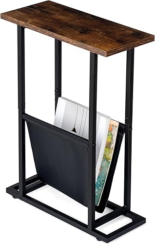 FLYJOE Narrow Side Table with PU Leather Magazine Holder Rustic Slim Little Thin Table for Living Room, Bedroom, Sofa, Rustic Brown FLYJOE Narrow Side Table with PU Leather Magazine Holder Rustic Slim Little Thin Table for Living Room, Bedroom, Sofa, Rustic Brown