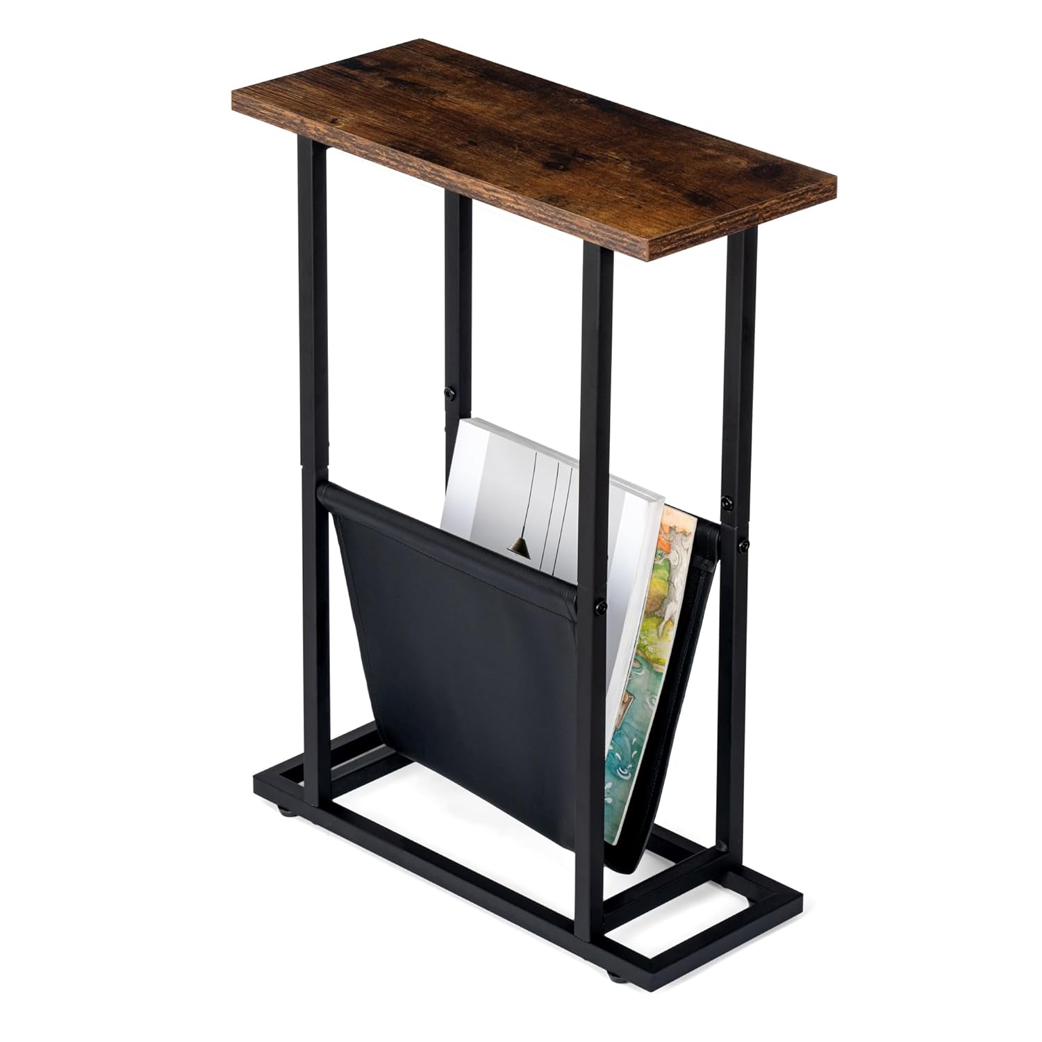FLYJOE Narrow Side Table with PU Leather Magazine Holder Rustic Slim Little Thin Table for Living Room Bedroom