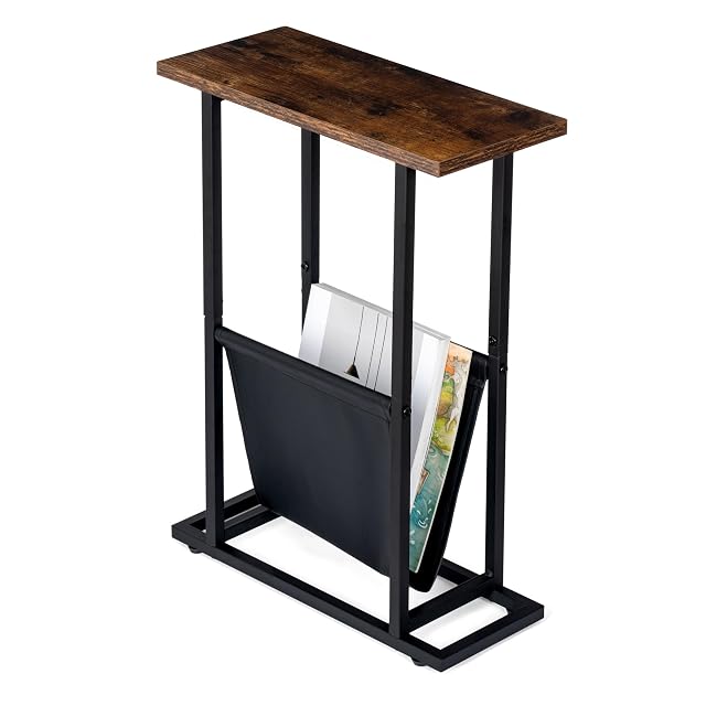 FLYJOE Narrow Side Table with PU Leather Magazine Holder Rustic Slim Little Thin Table for Living Room Bedroom