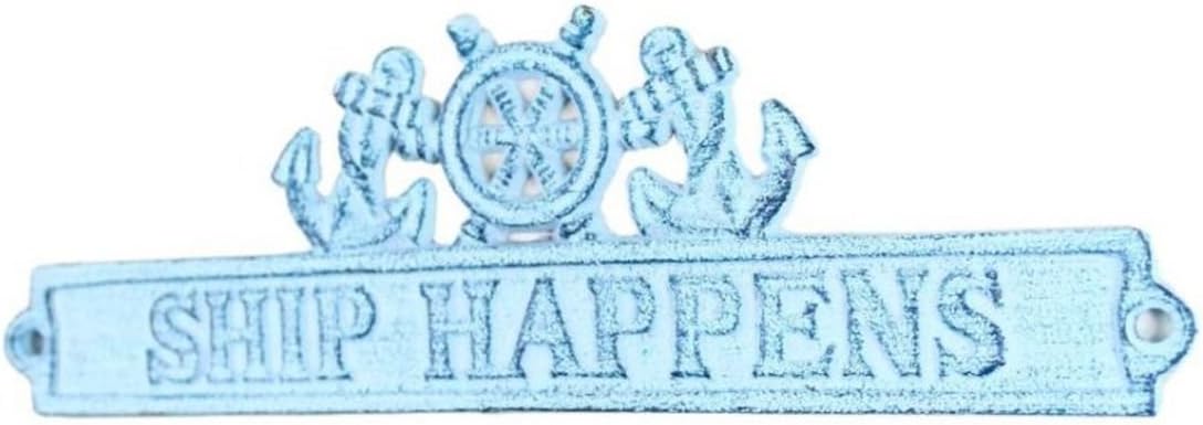 Hampton Nautical K-9329-blue Cast Iron Ship Happens Sign Ship Wheel Anchor, 9", Dark Blue Whitewashed