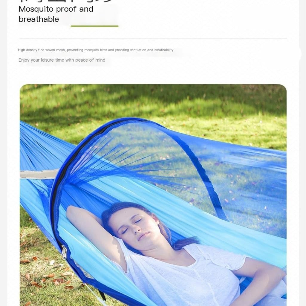 Amaca da campeggio con apertura rapida, zanzariera integrata e anti-ribaltamento, perfetta per viaggi e relax.