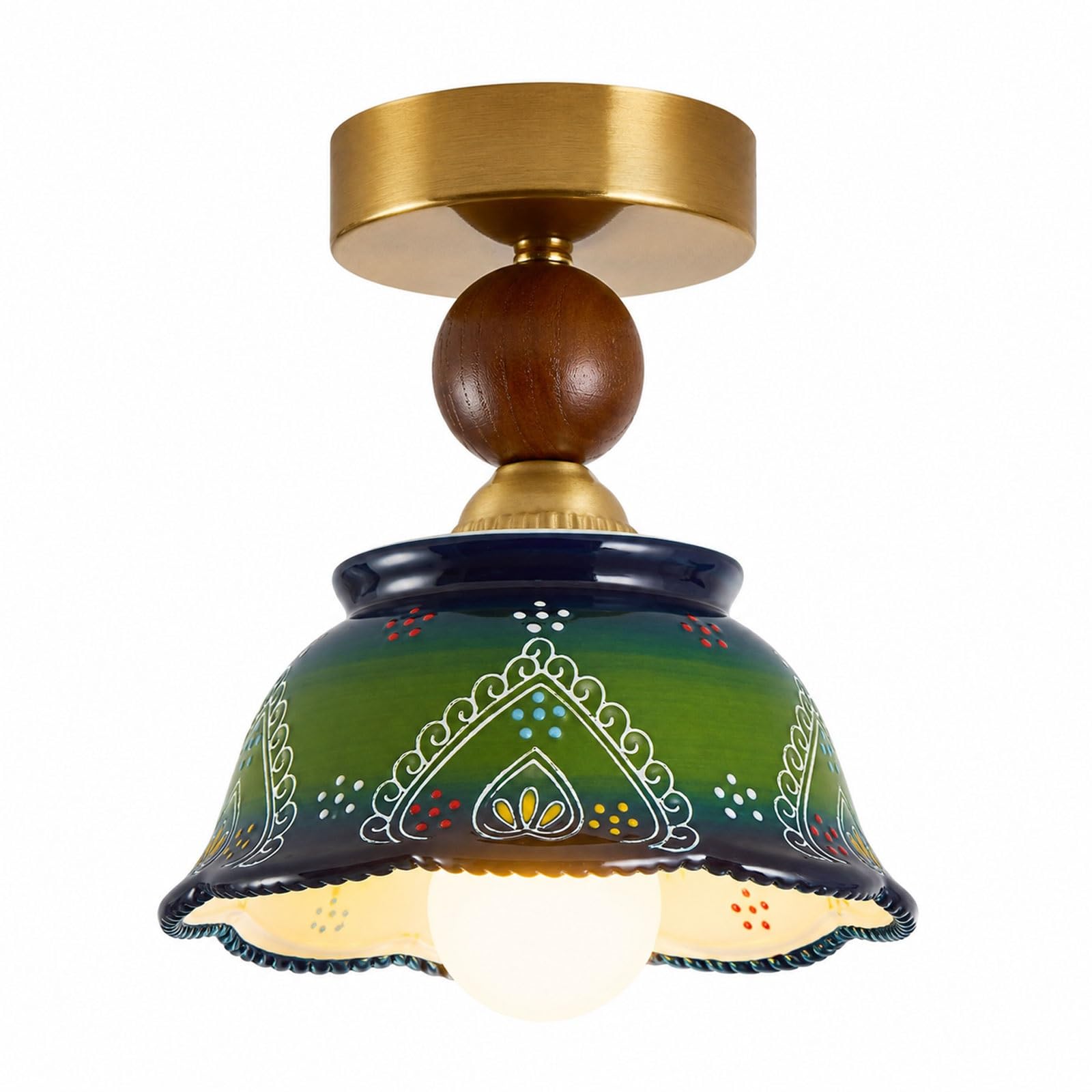 Zielona ceramiczna lampa sufitowa, zabytkowa oprawa sufitowa do montażu podtynkowego