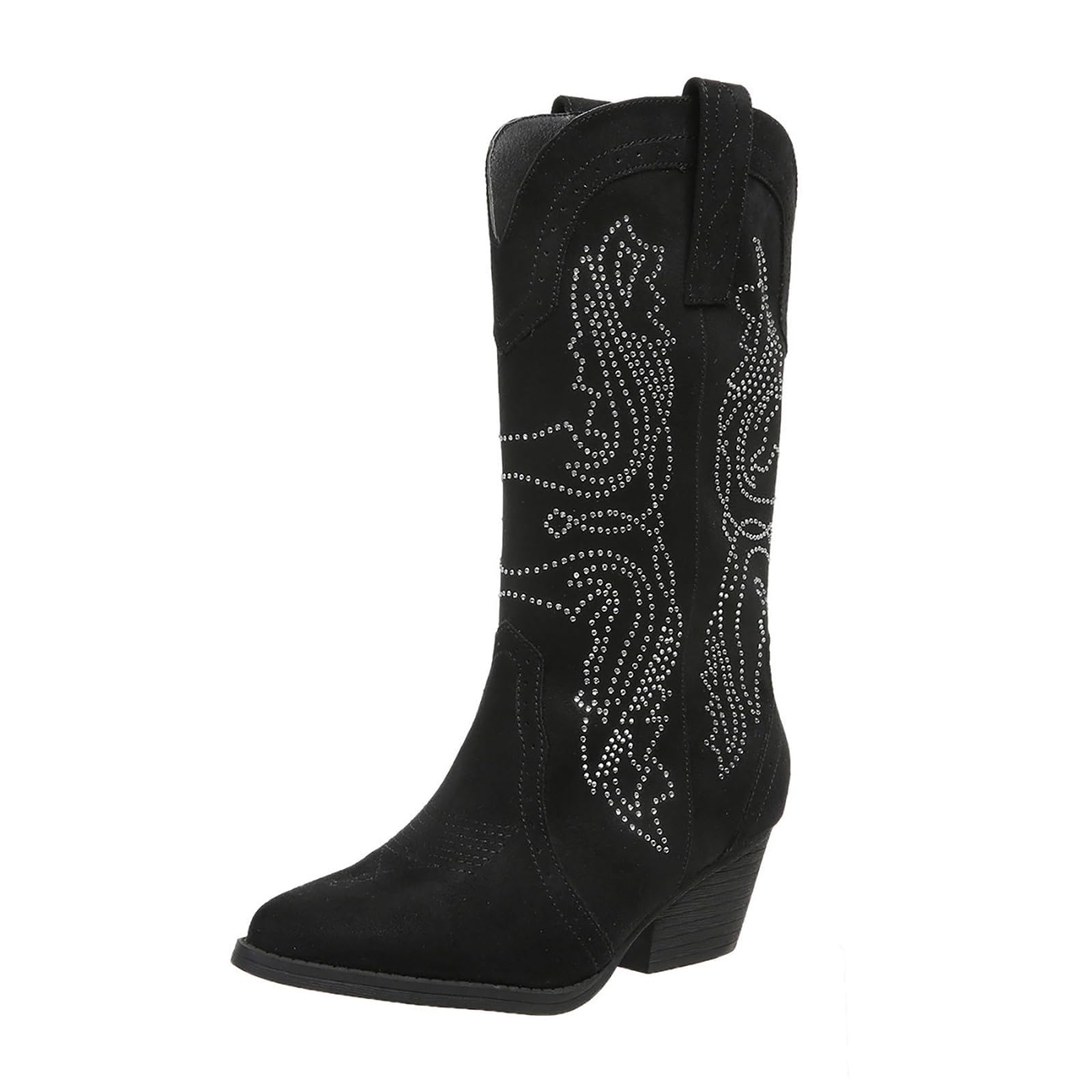 Cowboy Mid Calf Boots for Women Pointed Toe Pull On Chunky Heel Western Cowgirl Booties Fashion Sparkling Rhinestone