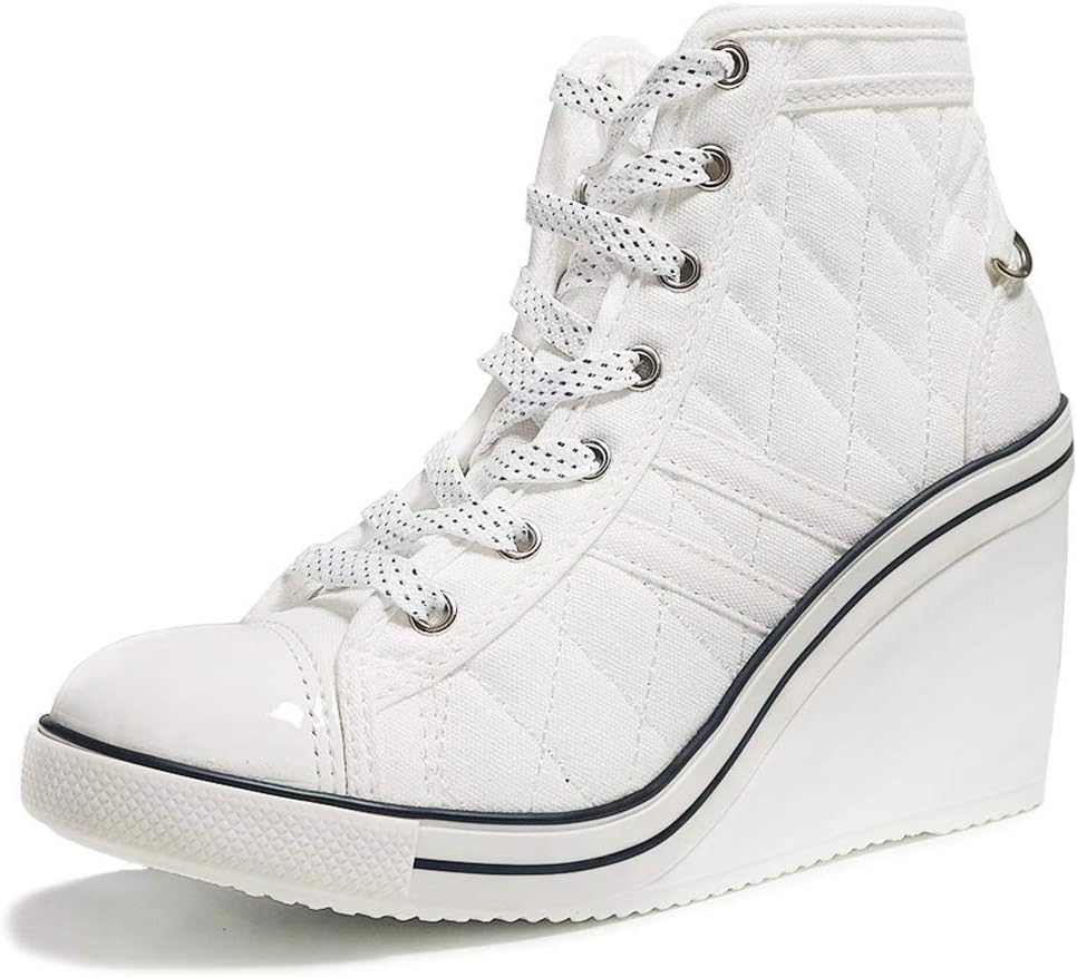 epdavin Women's Casual Canvas High Top High Heel Wedges Quilted Lace Up Sneakers - Image 2