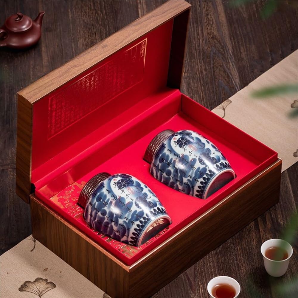 Tea Coffee Sugar Canisters Vintage Chinesische lose Tee Vorratsbehälter Topf Home Küche Keramik Siegelglas Teeservice Doppeltopf Geschenkbox Set Küchendosen (A)