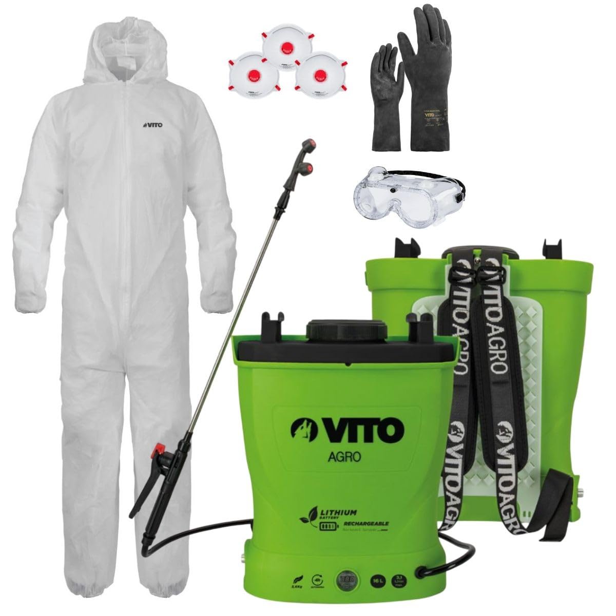VITO – Pulverizador eléctrico de batería de litio 16L + kit de protección para jardín XL – Alta presión y equipo de EPP