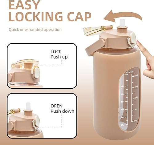 Miniatura 4 de Botella de agua de vidrio de 60 onzas con marcador de tiempo, botellas de agua motivacionales grandes de 57.5 fl oz con asa y funda de silicona,