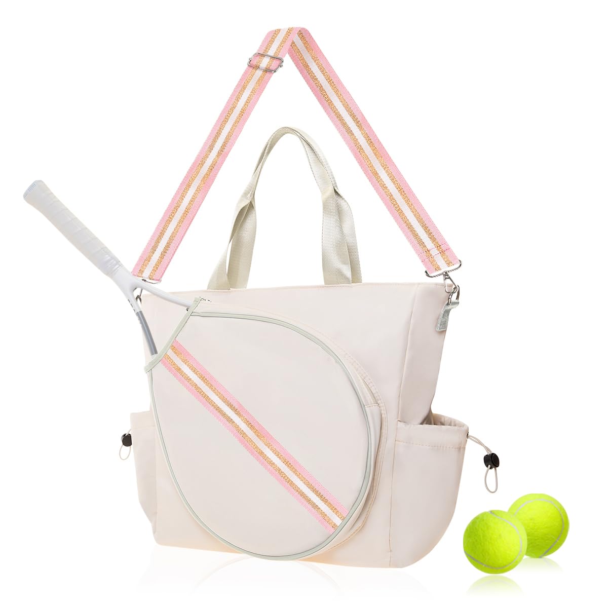 Mini Momo Tennis Bag for Women Racket Tote, Stylish Backpack - Unisex Racquet Sports Pickleball Bag Convertible Shoulder, Crossbody Strap Large Compartment (Tote - Ivory/Gold Pink)
