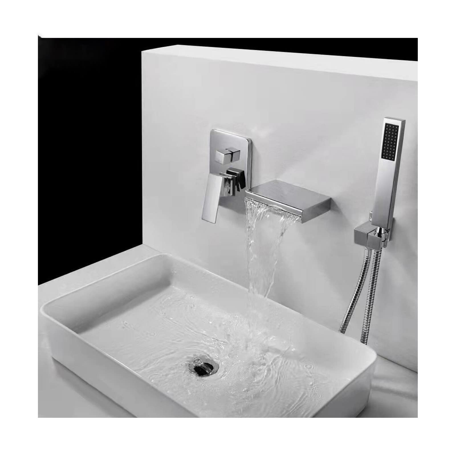 Grifo de bañera Grifo de baño en Cascada con Ducha de Mano Grifo Mezclador para bañera montado en la Pared Agua fría y Caliente Relleno de bañera en Cascada de latón,Negro