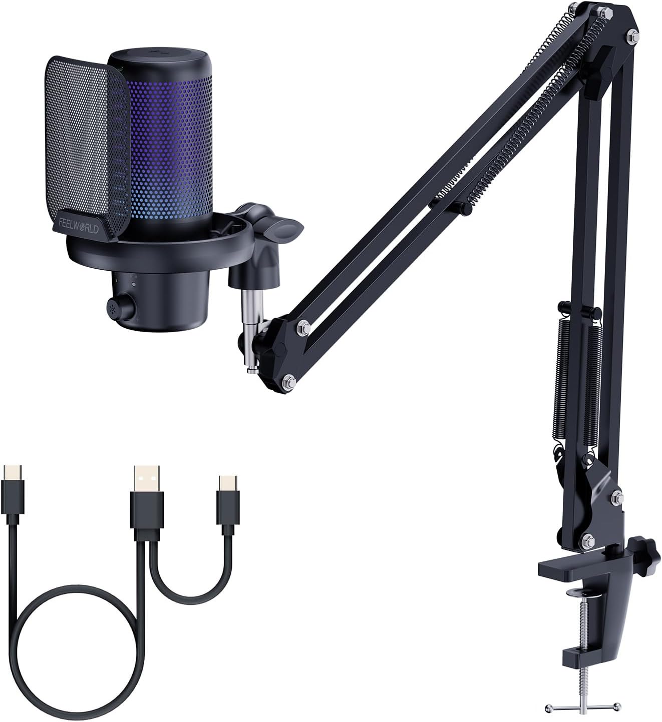 Feelworld VM1 USB Gaming Microphone with Adjustable Cantilever Stand for Podcast Recording,Computer Gaming,Noise Cancelling Microphone,Cardioid Pointing, RGB Lights,Anti-Spray Mesh