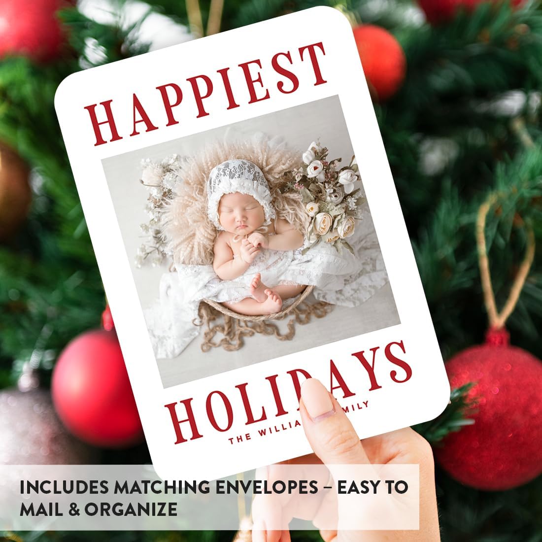 Andaz Press Personalized Christmas Cards with Envelopes, Red Happiest Holidays Photo Custom Holiday Cards, 5x7 Inch Thick Cardstock Bulk Boxed Greeting for Family, Friends, Business Clients, 24-Pack