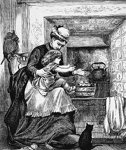 Cuadro una niñera con un niño frente al fuego, lienzo de Mary Ellen Edwards que inspira paz