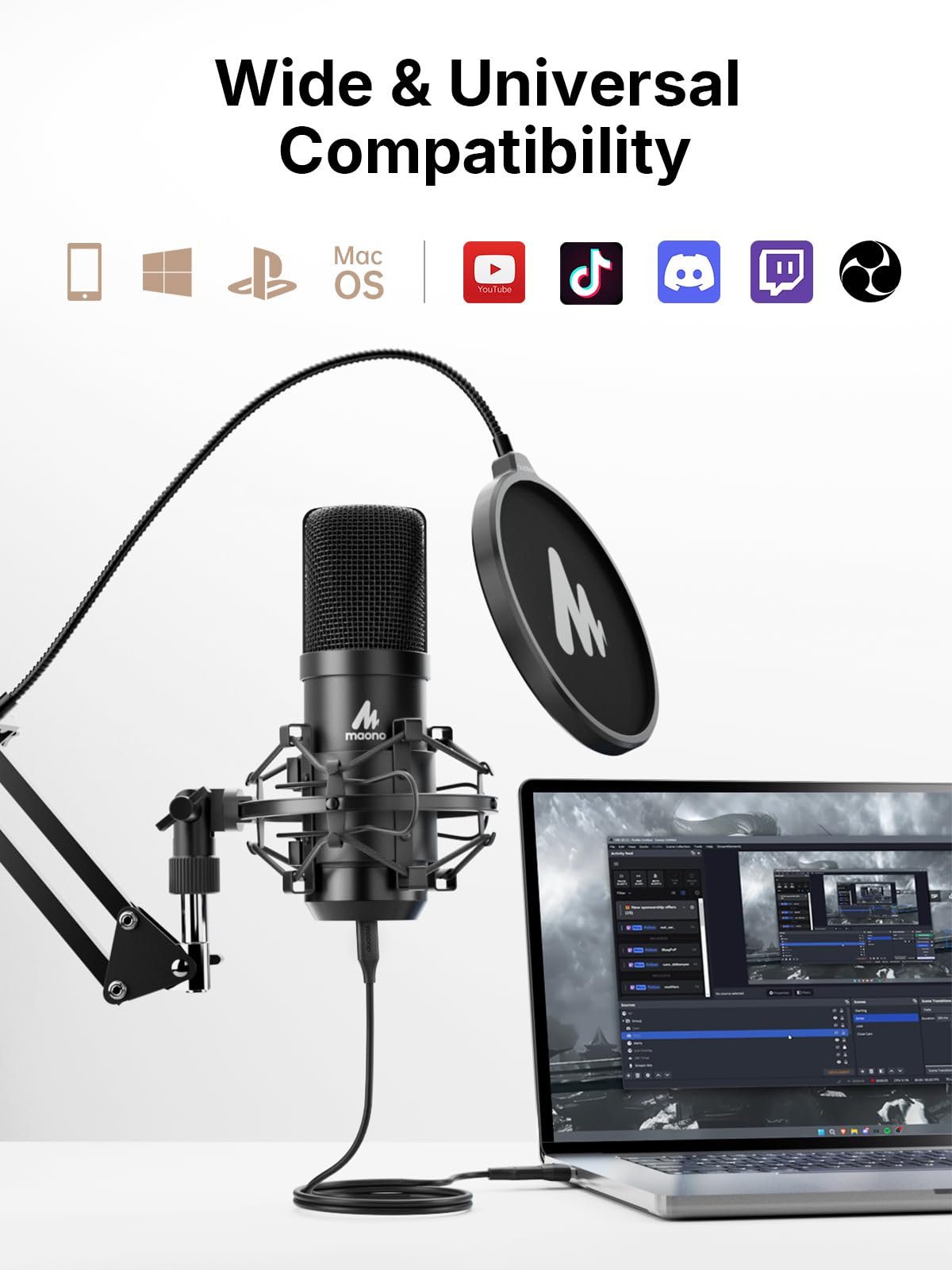 MAONO XLR/USB mikrofon kondensatorowy: 192 kHz/24 bity, Plug & Play, podcast do komputera, z oprogramowaniem, profesjonalny chipset dźwiękowy do nagrywania, studia, śpiewu, YouTube A04 Gen2