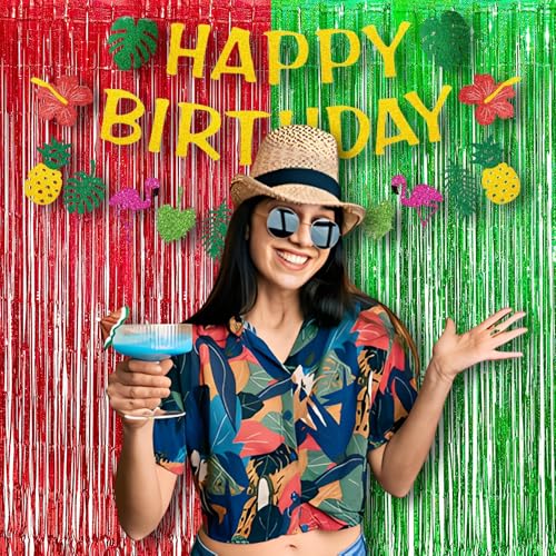 BRAVESHINE Tinsel Foil Fringe Curtains - 2 Pack 3.2 x 8.2 ft Metallic Photo Booth Streamer Backdrops for Birthdays Fiestas Melons Hawaiian Luau Tropical-Theme Christmas Party Decorations - Red Green - Image 6