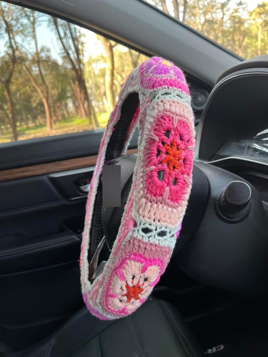 Crochet Galsang Flower Car Steering Wheel Covers,Car Interior Accessories Decorations (Pink:Wheel Cover)