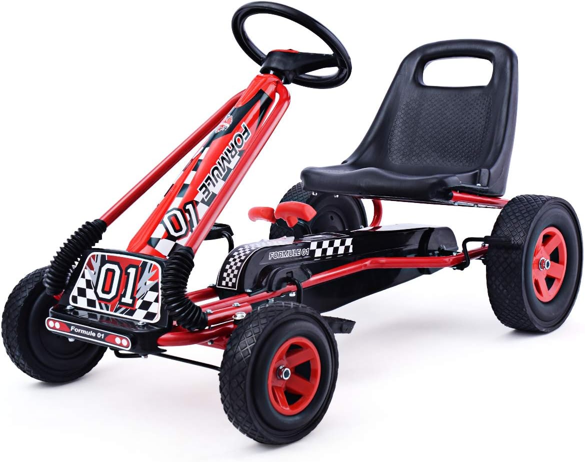 Go Kart for Kids, 4 Wheel Off-Road Pedal Go Cart w/Adjustable Seat, Steering Wheel, 2 Safety Brakes, EVA Rubber Tires, Ride-On Toys for Boys & Girls, Outdoor Racer Ride On Pedal Car (Red)