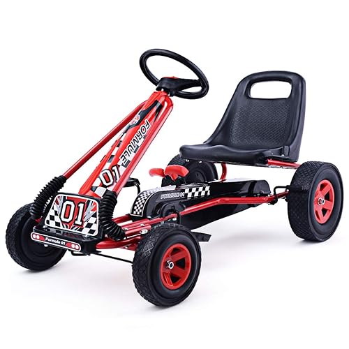 Costzon Go Kart for Kids, 4 Wheel Off-Road Pedal Go Cart w/Adjustable Seat, Steering Wheel, 2 Safety Brakes, EVA Rubber Tires, Ride-On Toys for Boys & Girls, Outdoor Racer Ride On Pedal Car (Red)