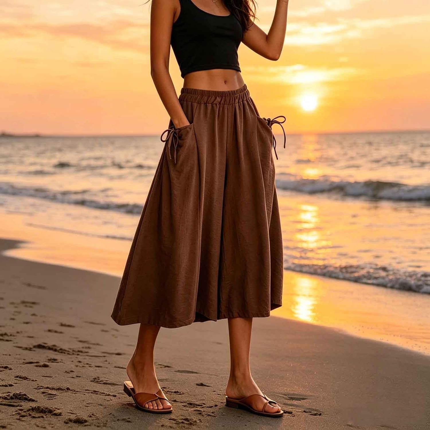 Wide Leg Capri Pants for Women High Waist Casual Palazzo Slacks Plus Size Summer Beach Vacation Clothes with Pockets