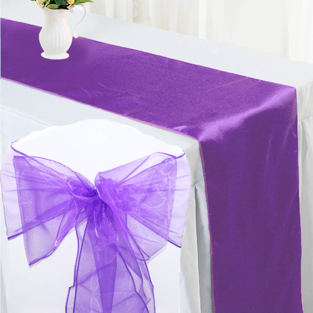 Time to Sparkle 100pcs Organza Chair Sashes Bows + 10pcs Satin Table Runner Wedding Party Decoration, Sash+Runner Purple