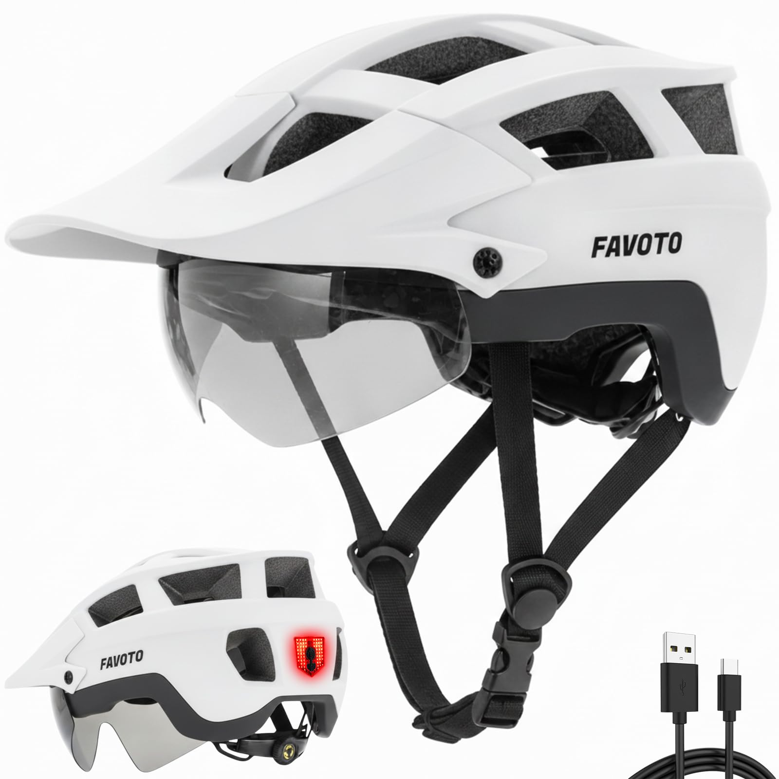 Favoto Mountain Road Bike Helmet with Light and Visor for Adults