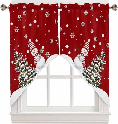 BEMIGO Cortinas de cenefa de cocina con diseño de árbol de Navidad, diseño de copo de nieve, bonito muñeco de nieve rojo para cocina, baño,