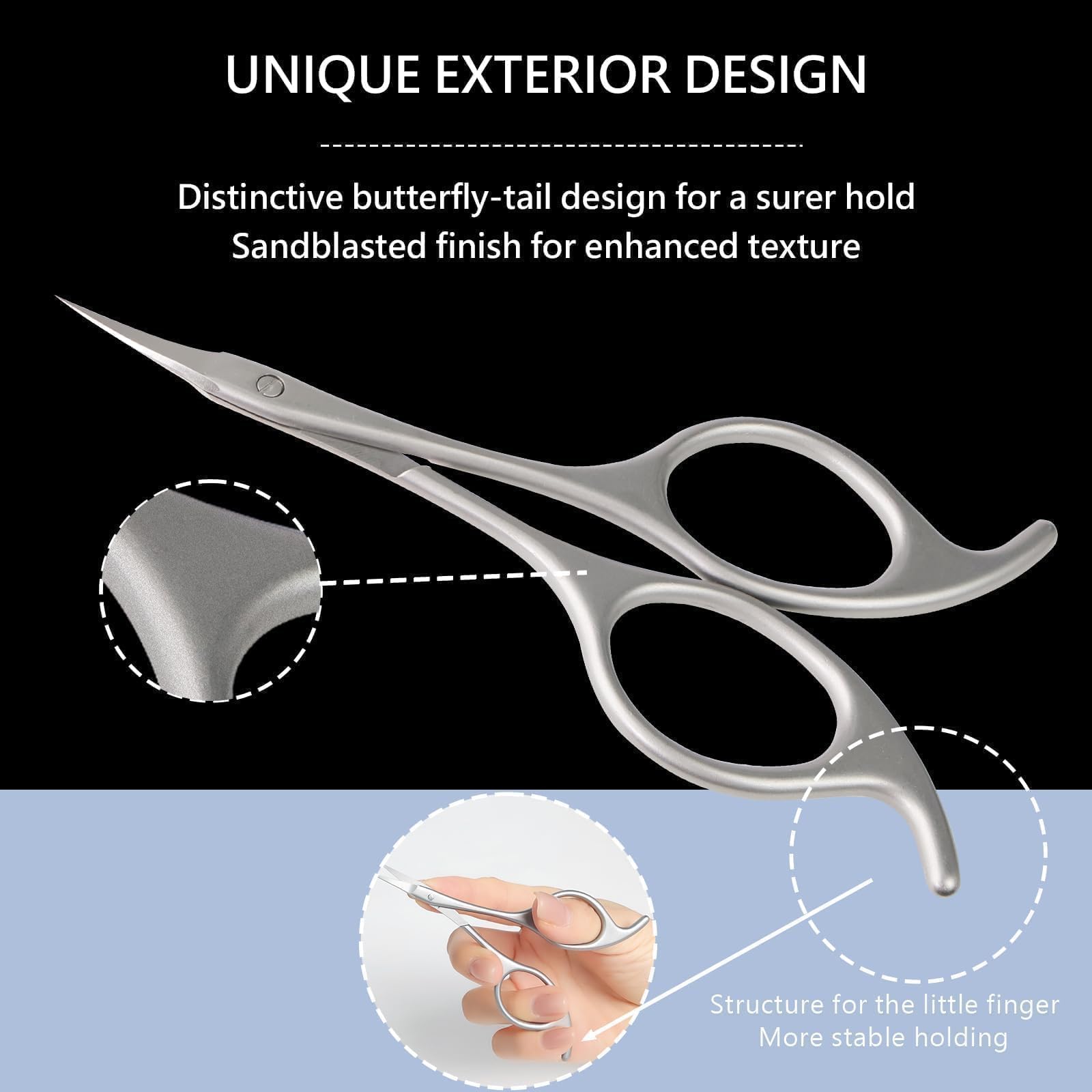 Tijeras para cutículas de uñas de cola de mariposa: más estables, antideslizantes, multifacéticas, con chorro de arena, cortador de cutículas de acero inoxidable, kit de manicura para cejas