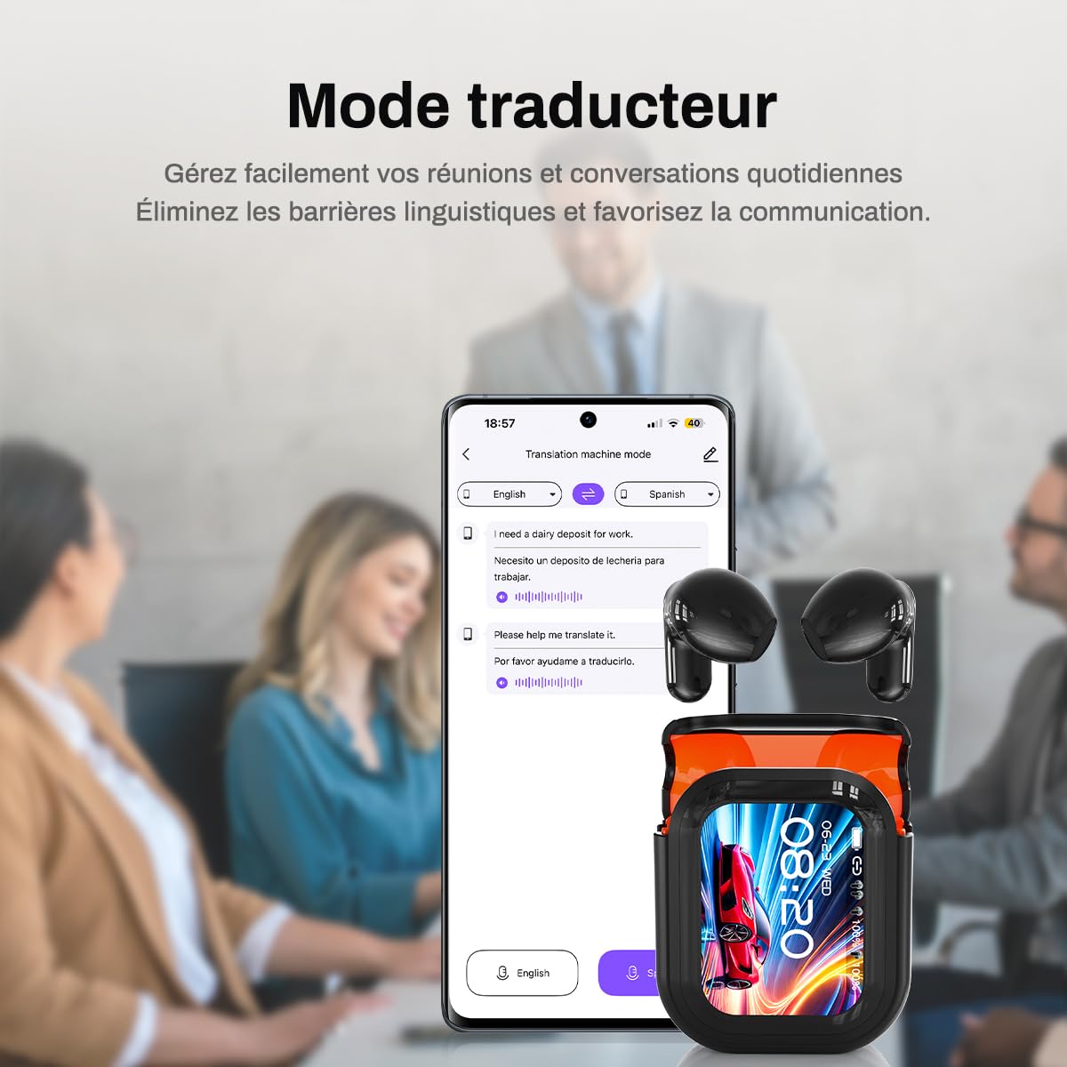 NE20 AI Écouteur Traducteur Instantané, 135 Langues 6 Modes de Traduction, Bluetooth 6.0, Écran Tactile, Son HiFi, Idéaux pour Le Bureau, Le Sport et Les Études