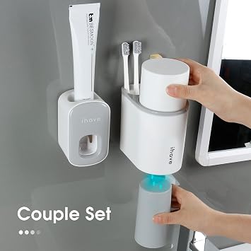 iHave Toothbrush Holder and Toothpaste Dispenser Bathroom Set, 2 Cups Toothbrush Holders Bathroom Organizer