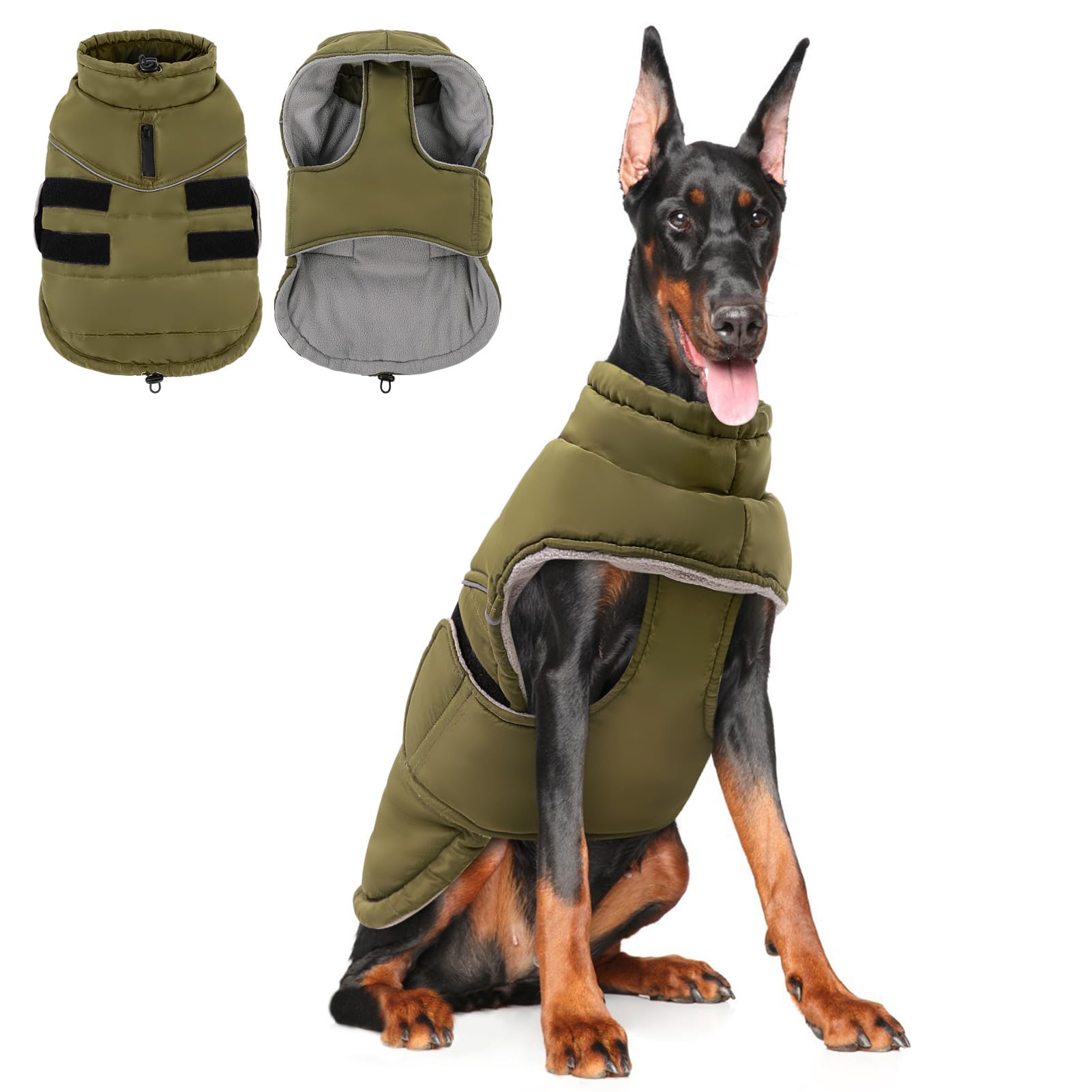 Peferhouse, Cappottini invernali per cani di taglia grande e maschio, per cani, antivento, riflettente, con foro per imbracatura, spesso, verde militare, 4XL