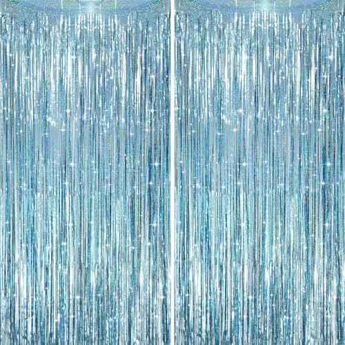 Image of Voircoloria 2 Pack Laser Light Blue Foil Fringe Curtains, Tinsel Streamers Birthday Party Decorations, Fringe Backdrop for Kids Birthday, Sea, Blue Theme Party