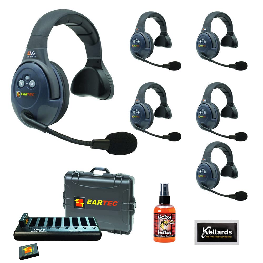EARTEC Evade EVX6S Full-Duplex Wireless Intercom System with 6 Single-Ear Headsets (2.4 GHz) Bundle with Goby Labs Spray for Headphones and Kellards