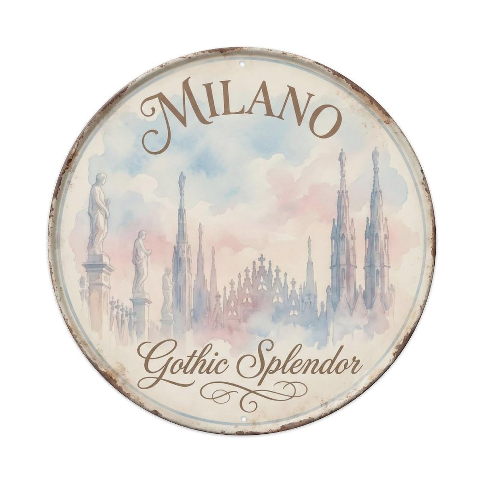 Vintage Travel Cathedral Milan Metal Tin Sign Plaque Wall Decor for Cafe, Club, Garden Round Metal Poster 8x8Inch