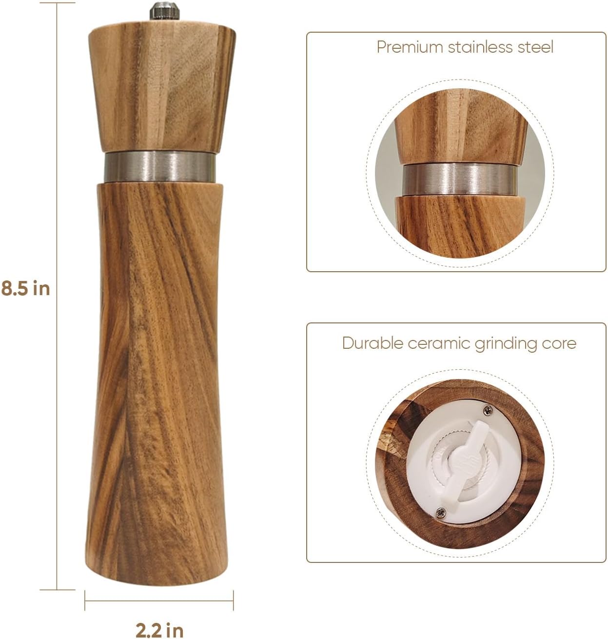 Wooden Salt and Pepper Grinder Set,Acacia Wood Salt and Pepper Grinder Set,Wooden Salt and Pepper Set with Ceramic Core,Salt and Pepper Grinder Set,Pepper Grinder Wood,Adjustable Coarseness,8 Inches