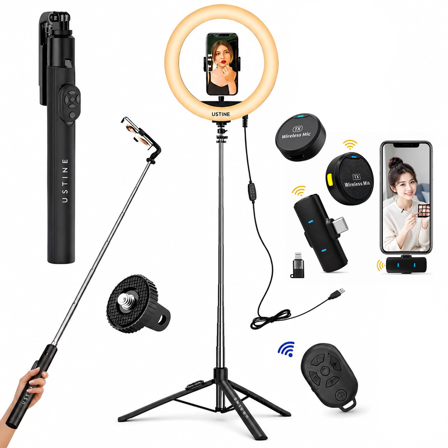Youtuber Kit | 10" RGB Ring Light | Imported mic | Extra-Long Selfie Stick with Large Reinforced Tripod Upto 67 inch/170 cm (10" Light - M1 Wireless Mic)-image-10