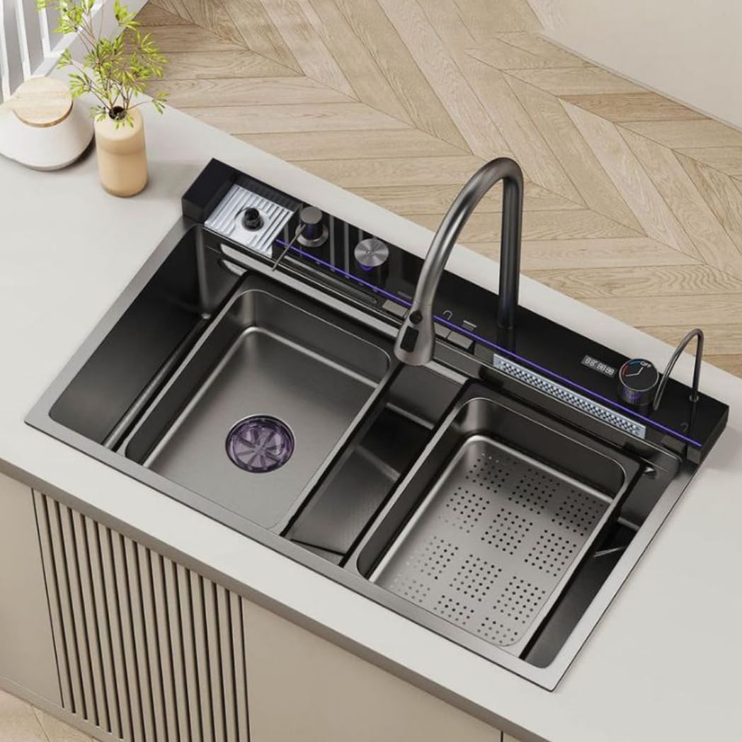 DFTDFYXY DFTDFYXYStainless steel kitchen sink Countertop/countertop/under-counter Waterfall design Durable and easy to clean Comes with a variety of accessories for bar counters,80 * 45