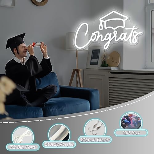 Miniatura 5 de Letrero de neón con texto en inglés "Congrats Grad" (Congrats Grad), letreros de luces de neón para telón de fondo, fiesta de graduación, decoración