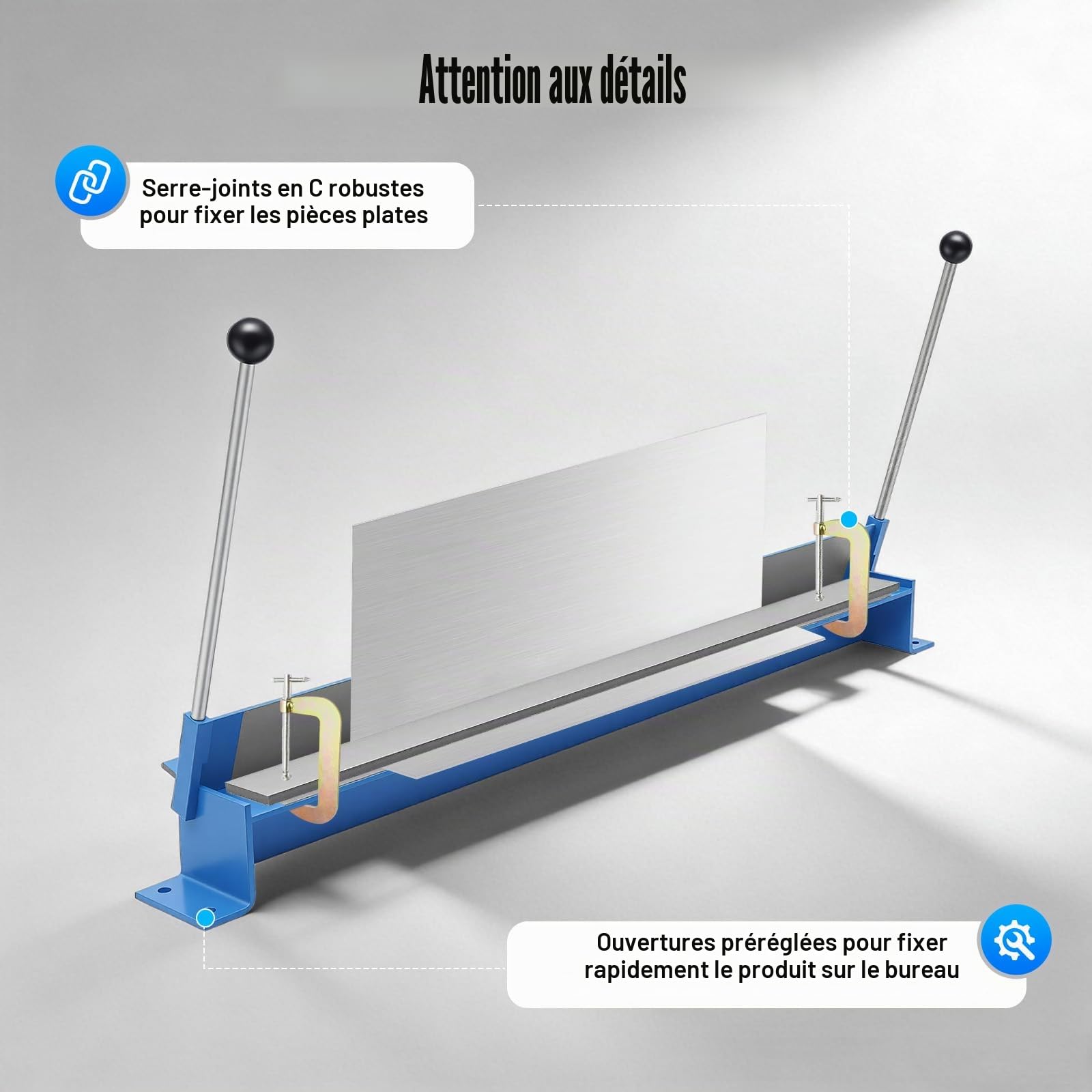 Cintreuse en tôle 916 mm - Angle de flexion : 0-135° pour acier au carbone de 1,2 mm - Plaque en cuivre de 1,5 mm - Plaque en aluminium